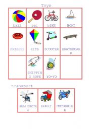 English worksheet: toys and tranports