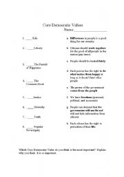 English Worksheet: Core Democratic Values