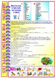 English Worksheet: Shopping For Sewing Supplies with answer key** fully editable