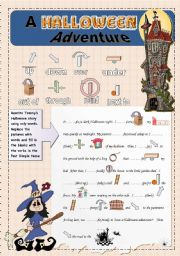 English Worksheet: A Halloween Adventure - Prepositions - Past Simple Tense - Guided Narrative Composition