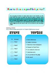 English Worksheet: Listening (1) - How to choose a good babysitter