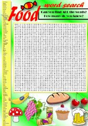 English Worksheet: FOOD WORD SEARCH (Part I)