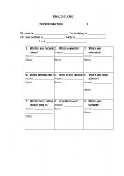 English Worksheet: Self-introduction - Bingo Game Form