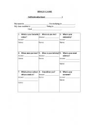 English worksheet: Self-introduction - Bingo Game Form