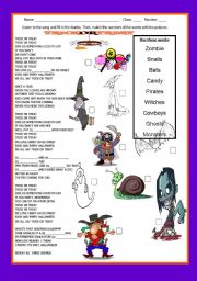 English Worksheet: HALLOWEEN SONG: TRICK  OR TREAT - with ANSWER KEY and youtube link