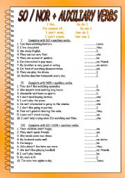 English Worksheet: SO / NOR + AUXILIARY VERBS