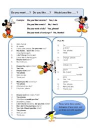 English Worksheet: Easy Dialogues: Do you want...? Do you like...? Would you like...?