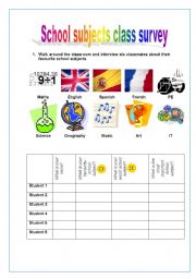 English Worksheet: School subjects class survey