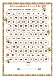 English Worksheet: Way out of the beehive (numbers from 0 to 100)