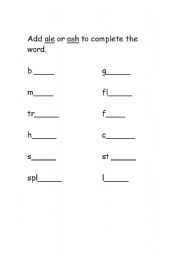 English worksheet: ale and ash word families