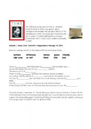 English Worksheet: Gallipoli / Anzac Cove /Ataturks Magnanimous Message of 1934.