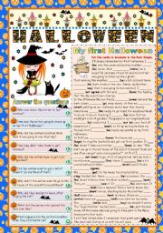 English Worksheet: MY FIRST HALLOWEEN -READING AND COMPREHENSION- FOCUS ON PAST SIMPLE (B&W VERSION+KEY INCLUDED)