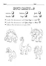 English Worksheet: Colour the Dinosaurs - How Many...?