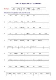 English worksheet: PARTS OF SPEECH  PRACTICE - BEGINNERS