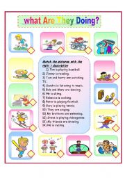 English Worksheet: what are they doing?: hobbies and present progressive