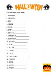 English Worksheet: Halloween -  Unscramble words