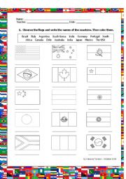 English Worksheet: Color and name the flags