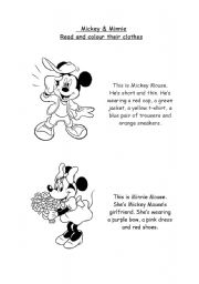 Clothes: Mickey & Minnie. Read and colour.