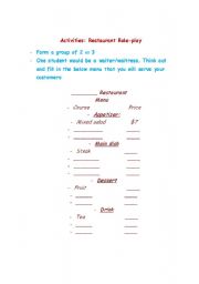 English Worksheet: Activity for speaking class-Restaurant role play