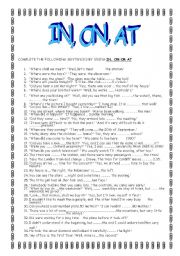 English Worksheet: IN, ON, AT