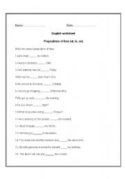 English Worksheet: Prepositions of time (on /in /at)