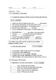 English worksheet: a test on the subject of Money+future simple+text and questions