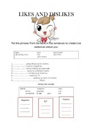 English Worksheet: likes and dislikes