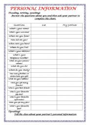 English Worksheet: Personal Information 