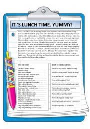 English Worksheet: Its lunch time. Yummy. Reading comprehension.