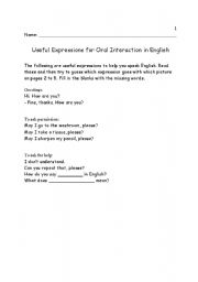 English Worksheet: Classroom Language: Useful expressions for oral interaction in English