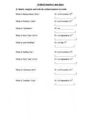 English Worksheet: Ordinal numbers and dates