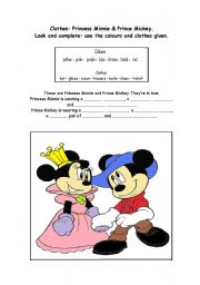 English worksheet: Clothes: Look and Complete. Princess Minnie & Prince Mickey
