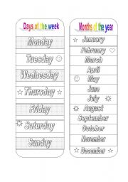 English Worksheet: Days of the week and months bookmark