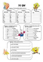 English Worksheet: To be - Practise with Sponge Bob