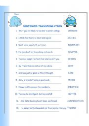 English Worksheet: A - SENTENCES TRANSFORMATION