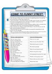 English Worksheet: COME TO FUNNY STREET. READING.