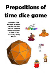 English Worksheet: AT ON IN Time Prepositions 60-sided dice 