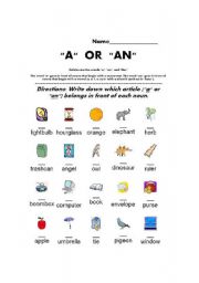 English Worksheet: Indefinite Articles 
