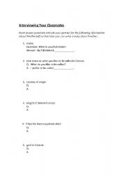 English Worksheet: Interviewing Your Classmate