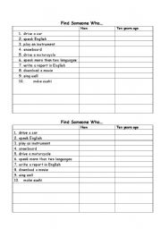 English worksheet: Find Someone Who - can and could