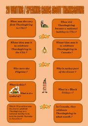 English Worksheet: 20 WRITING/SPEAKING CARDS ABOUT THANKSGIVING + KEY