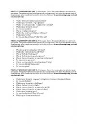 English worksheet: First day questionnarie for elementary students