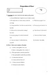 English worksheet: preposition of place