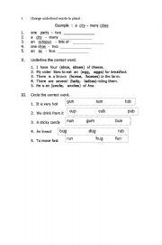 English worksheet: Singular to Plural worksheet plus simple vocabulary words