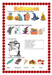 English Worksheet: Halloween - prepositions, feelings, colouring, matching