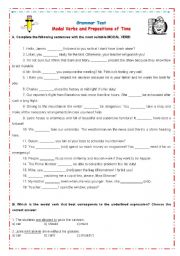 English Worksheet: Grammar Test on modal verbs and prepositions of time
