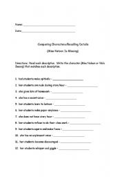 English worksheet: Comparing Characters/ Recalling Details
