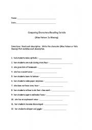 English Worksheet: Comparing Characters/ Recalling Details