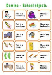 English Worksheet: School Objects Domino - 3 pages