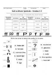 English worksheet: Test on Music Symbols Grades 3-5